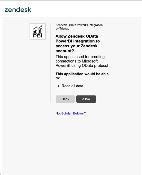 The Zendesk authorization window: Allow Zendesk OData PowerBI Integration to access your Zendesk account, with read-only access