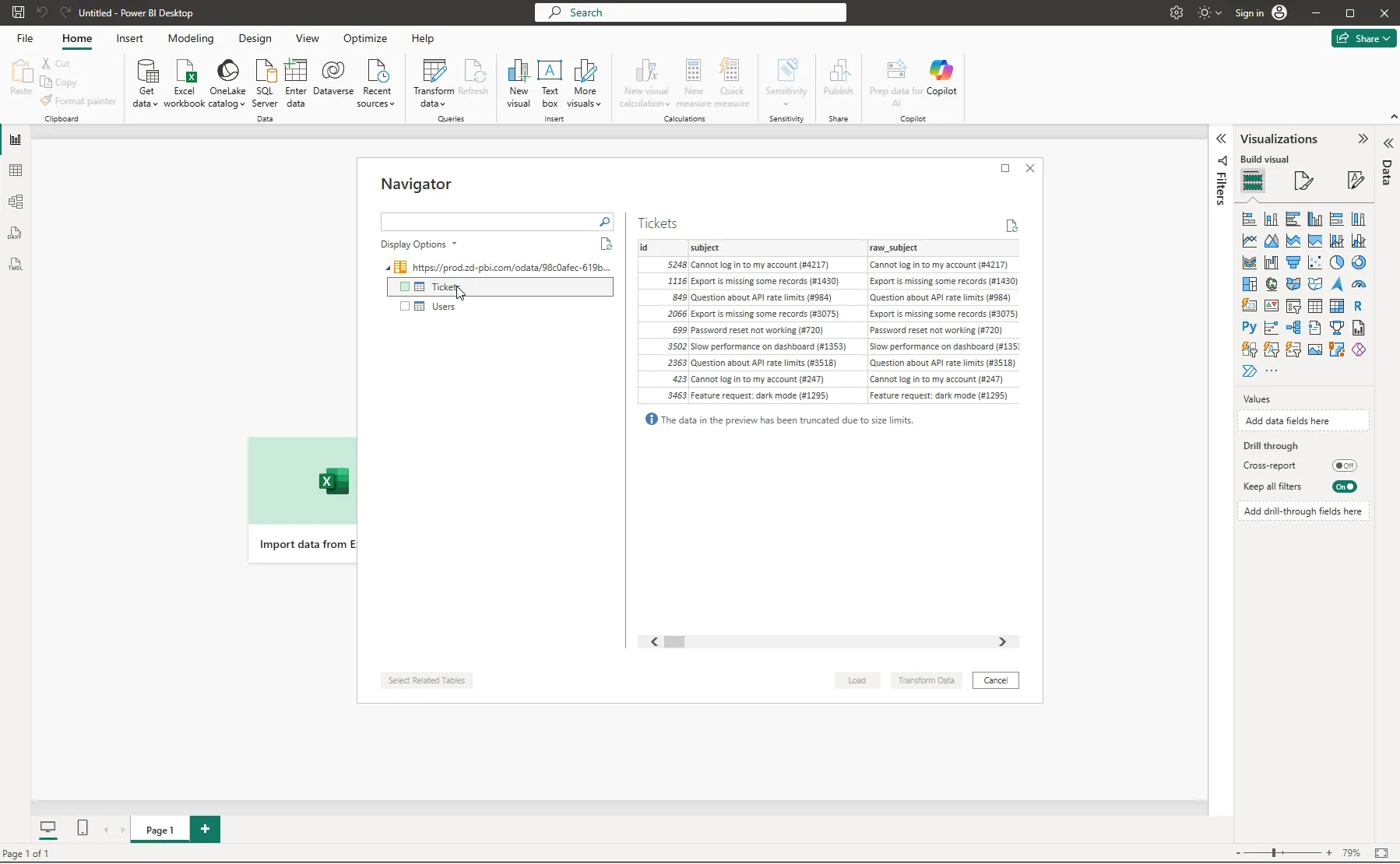 The Power BI navigator listing the Tickets and Users tables with a preview of Tickets