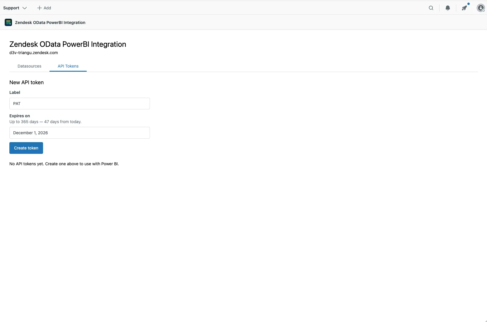The API Tokens tab with the New API token form: label and expiry date
