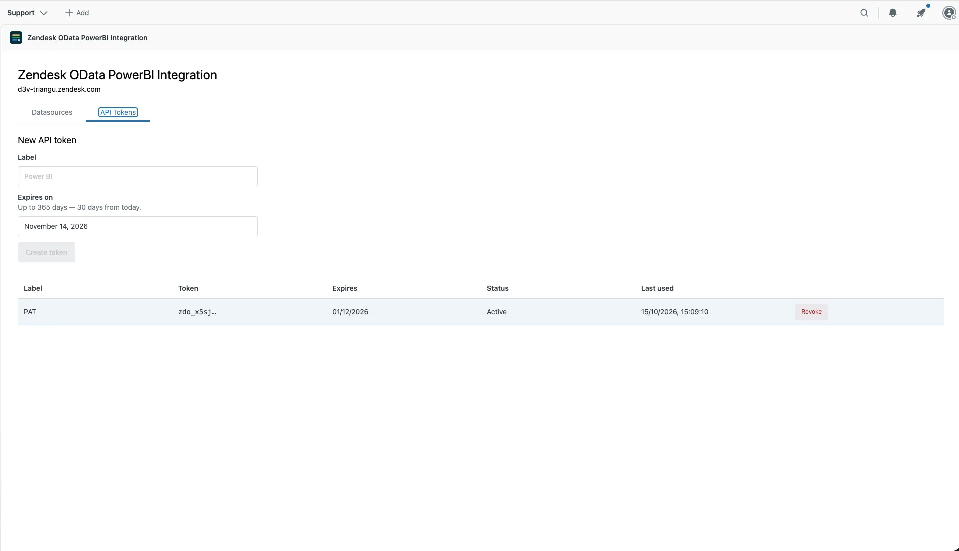 The token list with a token’s Revoke button and its last-used time